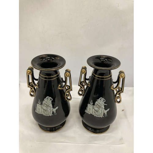 202 - A PAIR OF GRECIAN STYLE BLACK AND GOLD VASES