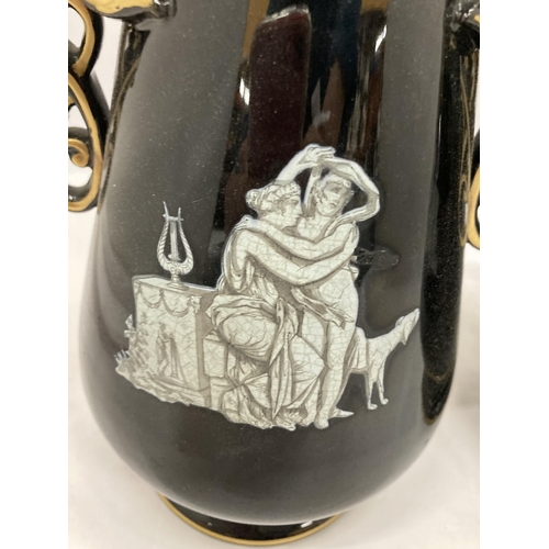 202 - A PAIR OF GRECIAN STYLE BLACK AND GOLD VASES