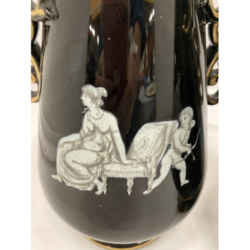 202 - A PAIR OF GRECIAN STYLE BLACK AND GOLD VASES