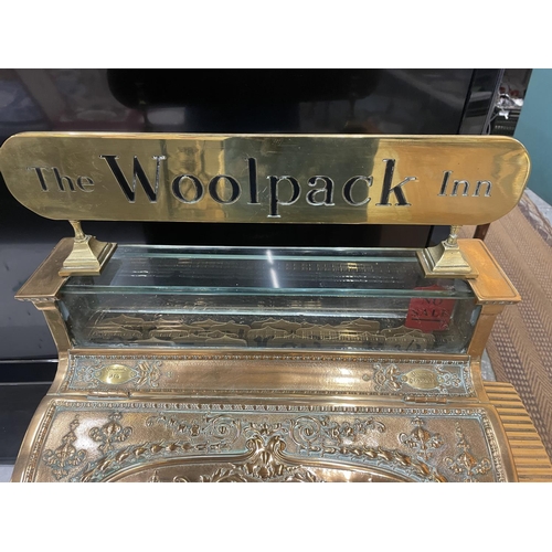 1 - A VINTAGE STEVENSONS BRASS CASH REGISTER, NO. 2503952 374 IN WORKING ORDER WITH KEYS AN A WOOLPACK I... 