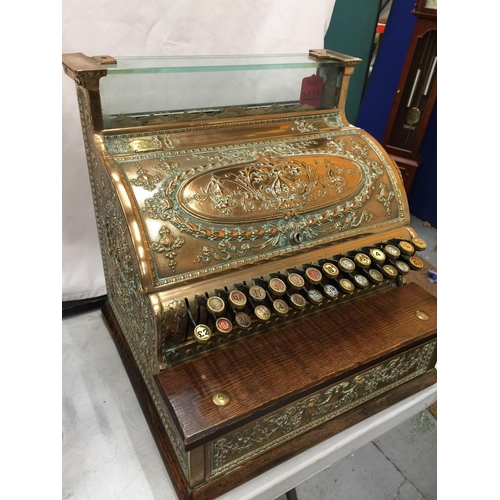 1 - A VINTAGE STEVENSONS BRASS CASH REGISTER, NO. 2503952 374 IN WORKING ORDER WITH KEYS AN A WOOLPACK I... 