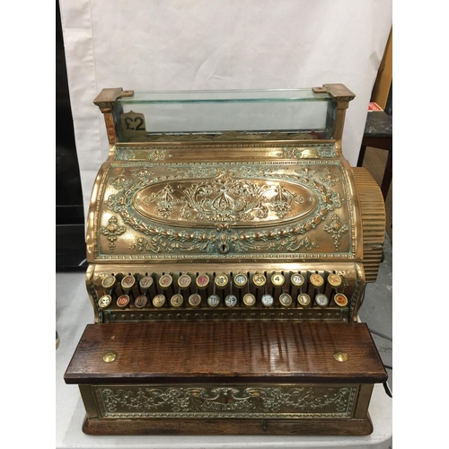 1 - A VINTAGE STEVENSONS BRASS CASH REGISTER, NO. 2503952 374 IN WORKING ORDER WITH KEYS AN A WOOLPACK I... 