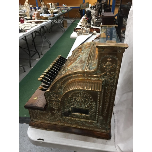 1 - A VINTAGE STEVENSONS BRASS CASH REGISTER, NO. 2503952 374 IN WORKING ORDER WITH KEYS AN A WOOLPACK I... 