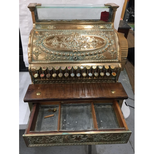 1 - A VINTAGE STEVENSONS BRASS CASH REGISTER, NO. 2503952 374 IN WORKING ORDER WITH KEYS AN A WOOLPACK I... 