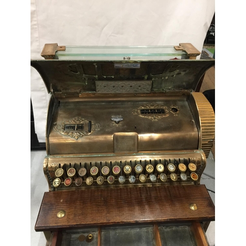 1 - A VINTAGE STEVENSONS BRASS CASH REGISTER, NO. 2503952 374 IN WORKING ORDER WITH KEYS AN A WOOLPACK I... 