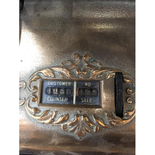 1 - A VINTAGE STEVENSONS BRASS CASH REGISTER, NO. 2503952 374 IN WORKING ORDER WITH KEYS AN A WOOLPACK I... 