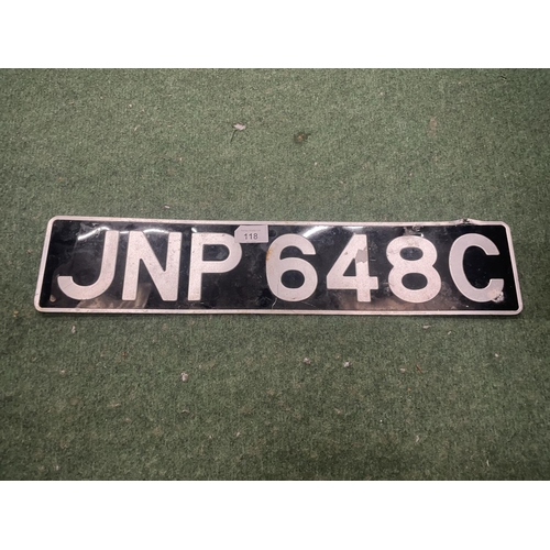 118 - A VINTAGE DE-REGISTERED NUMBER PLATE - JNP 648C