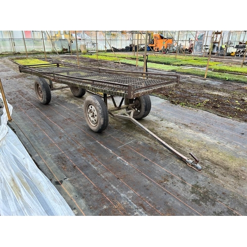 309 - A FOUR WHEEL MARKET GARDEN TRAILER APPROX 12' LONG SILVER/BLUE HITCH + VAT TO BE COLLECTED FROM NEWB... 