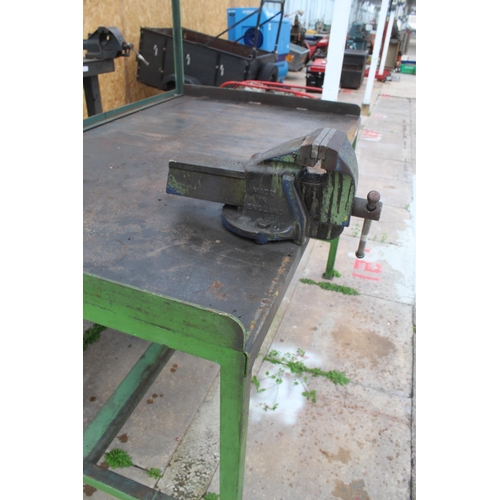 144 - A GREEN METAL WORK BENCH WITH A RECORD NO 5 BENCH VICE  + VAT