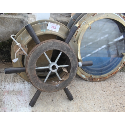 393 - 2 SMALL PORT HOLES, STEERING WHEEL AND 3 LARGE PORT HOLES WITH GLASS  NO VAT