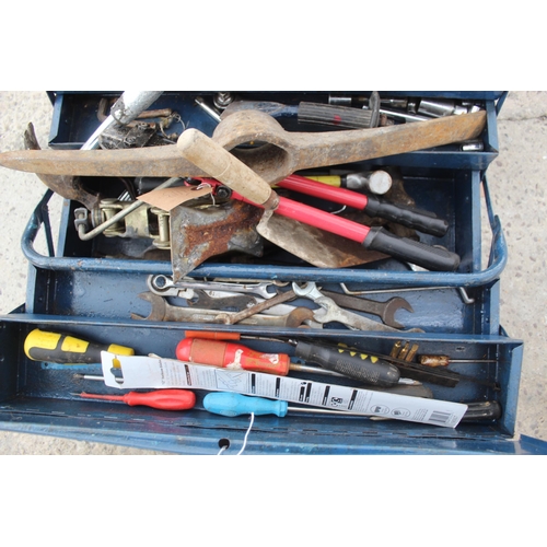 473 - BLUE TOOL BOX AND CONTENTS , HAMMERS AND TROWEL  NO VAT