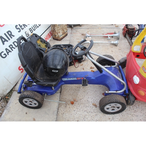 597 - BLUE GO KART WITH HELMET AND KIDS LITTLE TYKES PUSH CAR RED/YELLOW  NO VAT