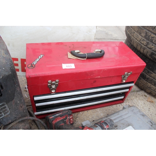 603 - MIXED TOOL BOX AND JACK COMPRESSOR  NO VAT