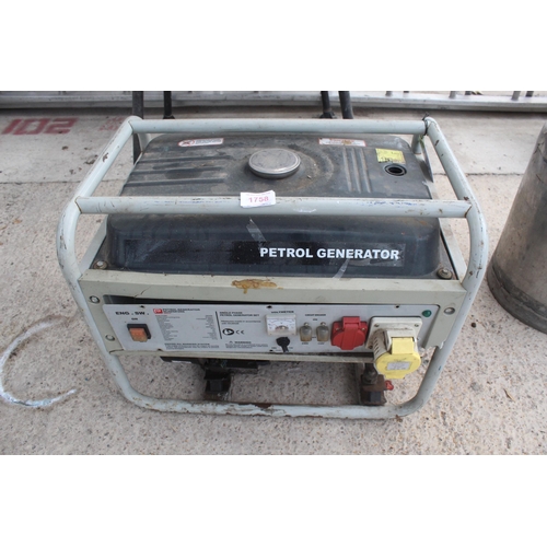 1758 - SINGLE PHASE PETROL GENERATOR  NO  VAT