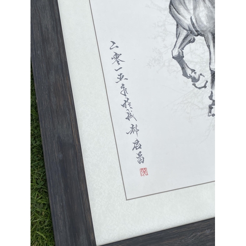 54 - A LARGE FRAMED CHINESE XU BEIHONG HORSE SIGNED PRINT, 94 X 94 CM