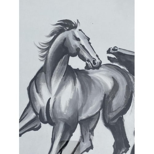 54 - A LARGE FRAMED CHINESE XU BEIHONG HORSE SIGNED PRINT, 94 X 94 CM