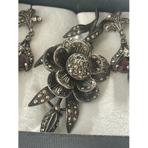 590 - A PAIR OF MARCASITE EARRINGS AND BROOCH