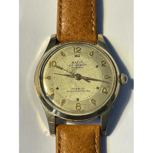 616 - A VINTAGE AVIA OLYMPIC 15 JEWELS INCABLOC SHOCK PROTECTED WRIST WATCH WITH NEW TAN LEATHER STRAP SEE... 