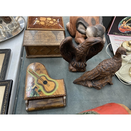 249 - A COLLECTION OF WOODEN WARES,ROCKING PIG FIGURE, INLAID BOX, EAGLE FIGURE