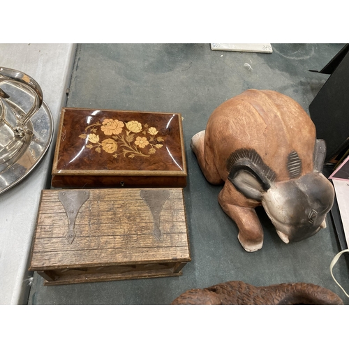 249 - A COLLECTION OF WOODEN WARES,ROCKING PIG FIGURE, INLAID BOX, EAGLE FIGURE