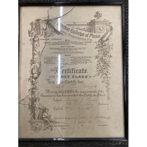 250 - TWO DATED 1899 & 1900 FRAMED LONDON COLLEGE OF MUSIC CERTIFICATES