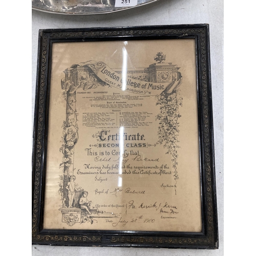 250 - TWO DATED 1899 & 1900 FRAMED LONDON COLLEGE OF MUSIC CERTIFICATES