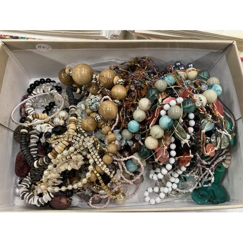 257 - A BOX OF ASSORTED COSTUME JEWELLERY, BEAD NECKLACES ETC