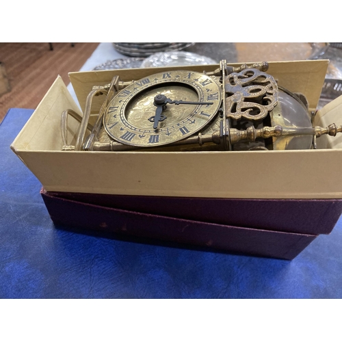 276 - A VINTAGE SMITHS BRASS LANTERN CLOCK, IN BOX WITH LEAFLETS