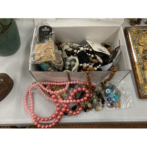 284 - A BOX OF ASSORTED COSTUME JEWELLERY, BEAD NECKLACES ETC