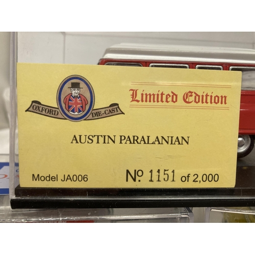 362 - THREE OXFORD DIECAST VANS (MINT) TO INCLUDE A LIMITED EDITION AUSTIN PARALANIAN NO. 1151 OF 2000 WIT... 