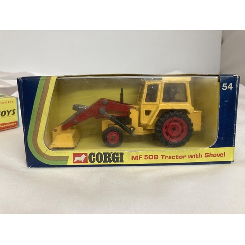 366 - TWO BOXED CORGI MODELS NO, 54 - A MASSEY FERGUSON 50 TRACTOR WITH SHOVEL AND NO. 252 - A ROVER 2000