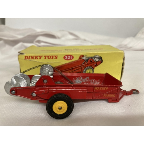 370 - TWO BOXED DINKY MODELS NO. 300 - A MASSEY HARRIS TRACTOR AND NO. 321 - A MASSEY HARRIS MANURE SPREAD... 