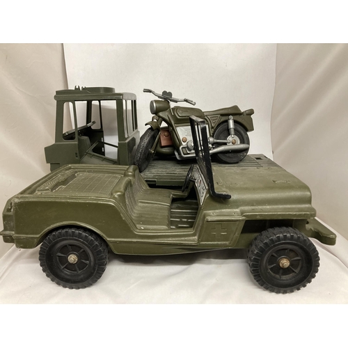 384 - A LARGE ARMY TRUCK, JEEP AND A MOTORCYCLE AND SIDE CAR