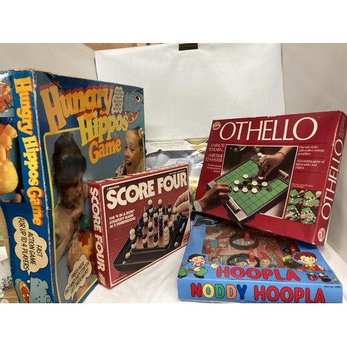 389 - A QUANTITY OF GAMES TO INCLUDE HUNGRY HIPPOS, OTHELLO, SCORE FOUR, NODDY HOOP-LA, ETC