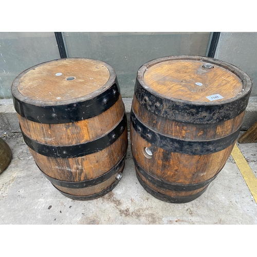 1548 - A PAIR OF MINIATURE WOODEN AND METAL BANDED BARRELS (H:45CM)