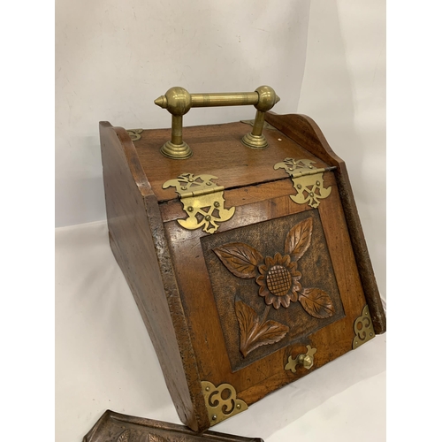 18 - A VINTAGE OAK COAL BOX WITH BRASS FITTINGS AND HANDLE WITH CARVED FLORAL DESIGN, WITH ORIGINAL LINER... 