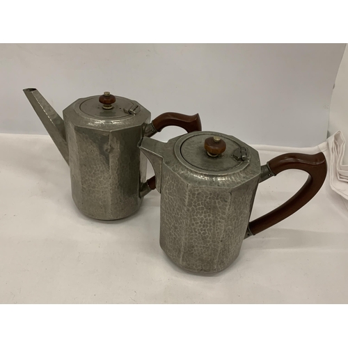 21 - FOUR VINTAGE TUDRIC PEWTER ITEMS - TWO COFFEE POTS AND TWO SUGAR BOWLS, NO. 01650