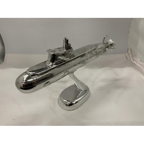 37 - A CHROME MODEL OF A SUBMARINE ON STAND, HEIGHT 19.5CM