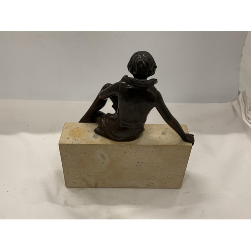 39 - AN ART DECO STYLE BRONZE MODEL OF A GIRL ON STONE BASE, INDISTINCTLY SIGNED