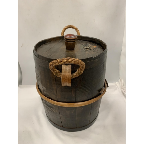 41 - A VINTAGE WOODEN BARREL WITH LEPRACHAUN DESIGN, WELL MADE, SAID TO BE MADE WHEN IN A CELLAR IN WWII