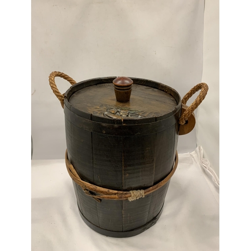 41 - A VINTAGE WOODEN BARREL WITH LEPRACHAUN DESIGN, WELL MADE, SAID TO BE MADE WHEN IN A CELLAR IN WWII