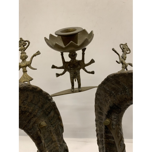 44 - A VINTAGE SET OF TAXIDERMY SET OF HORNS WITH APPLIED INDIAN BRASS INKWELL, DEITIES AND FROG DESIGN