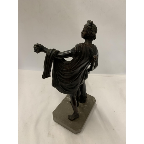 63 - A BRONZE FIGURE OF A MALE ON A MARBLE BASE