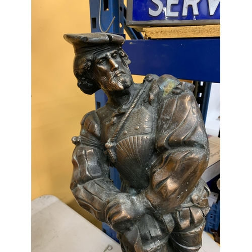 72 - A LARGE BRONZE EFFECT SPELTER FIGURE OF A 16TH CENTURY ITALIAN MUSKETEER ON PEDESTAL, 30