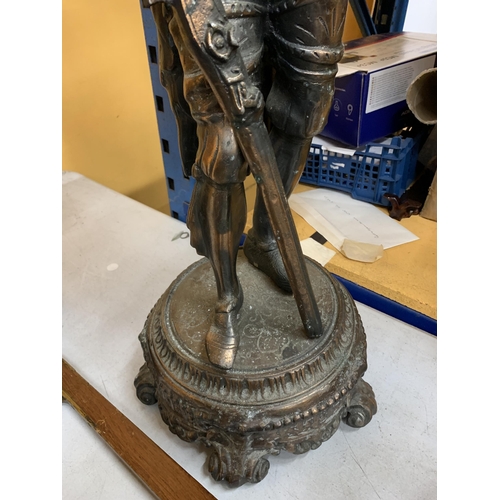 72 - A LARGE BRONZE EFFECT SPELTER FIGURE OF A 16TH CENTURY ITALIAN MUSKETEER ON PEDESTAL, 30