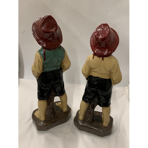 75 - A PAIR OF VINTAGE BRITISH POTTERY GARDEN STATUES OF A BOY AND GIRL, IMPRESSED MARKS TO BASE, HEIGHT ... 