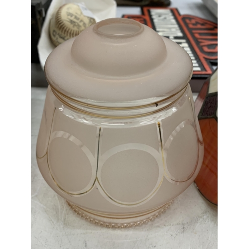 163 - A TIFFANY STYLE LAMPSHADE AND A VINTAGE PINK GLASS SHADE