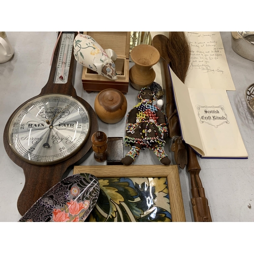 218 - A LARGE MIXED LOT TO INCLUDE AN ANNIVERSARY CLOCK, TILES, A BAROMETER, TREEN ITEMS, ETC