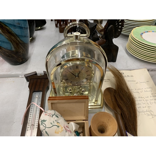 218 - A LARGE MIXED LOT TO INCLUDE AN ANNIVERSARY CLOCK, TILES, A BAROMETER, TREEN ITEMS, ETC