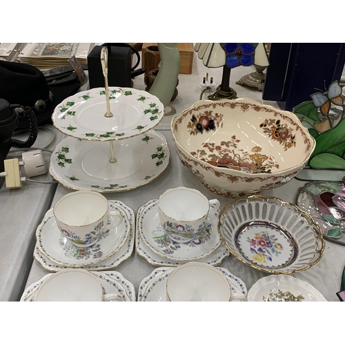 227 - A QUANTITY OF VINTAGE CHINA CUPS AND SAUCERS WITH THE IMAGE OF A LADY IN A GARDEN, A COLCLOUGH CAKE ... 